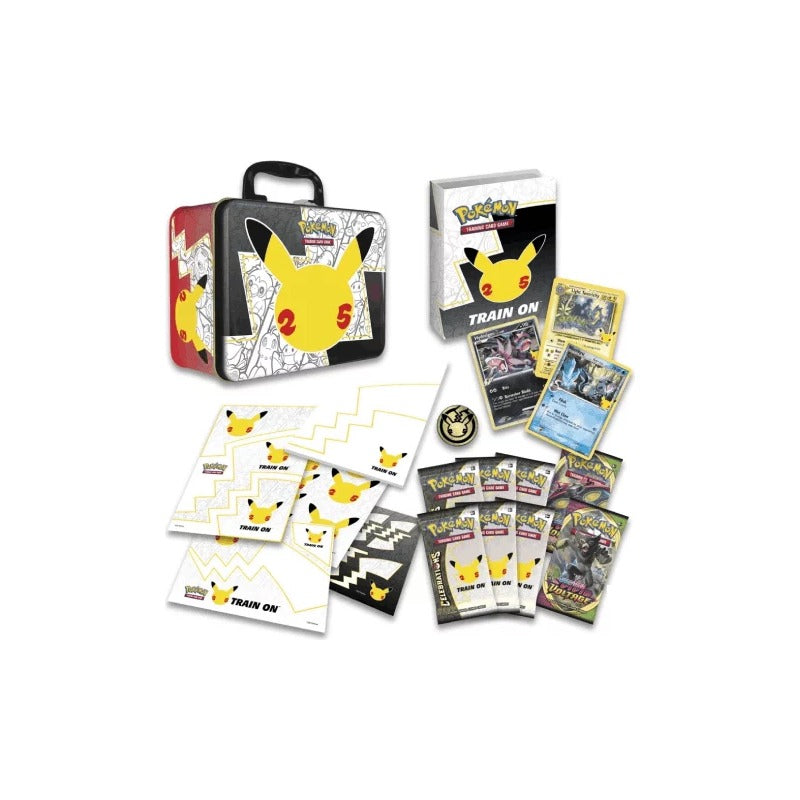 Valisette Célébrations 25 ans et contenu : boosters, promos, pièce, autocollants, portfolio (visuel de la version anglaise)