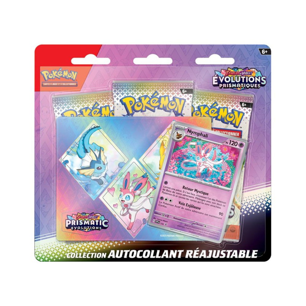 Pokémon Tripack Évolutions Prismatiques (EV8.5) en français, version Nymphali : 3 boosters, carte promo et autocollants